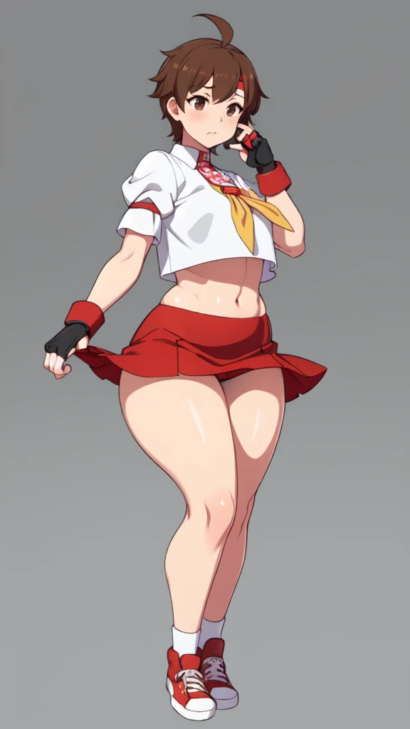 masterpiece, Highest quality,  High resolution,  1girl, 独奏, Sakura MS,  kasugano sakura, milf, shiny, oily skin, Brown eyes, Brown Hair, short hair, bangs, Ahoge, head band, , Puffy sleeves, Crop top, neckerchief, midriff, (((mini skirt, ultra short skirt))), ultra short skirt, Fingerless gloves, Thighs Thighs Thighs, (thick thighs, voluptuous thighs, ample thighs), 
(((red brown))), White socks, Red footwear, Very detailed, More detailed,Proper body balance,Ultra-high quality output images,High resolution,Intricate details,Very delicate and beautiful hair, simple background, Embarrassed look, discovery stance, Bare legs, full body, (from side:0.7),