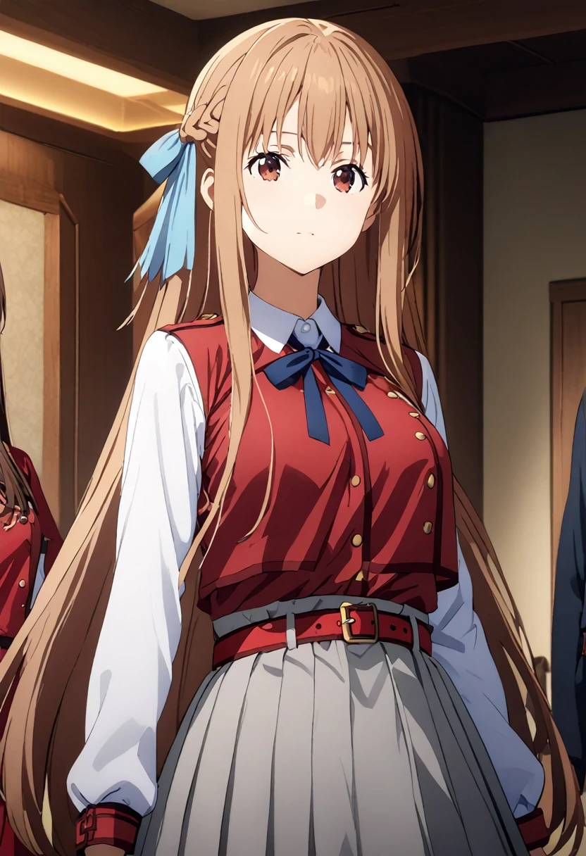 Highest quality、Super detailed、High resolution illustrations、Ultra-high-definition CG、8k size wallpaper、Production Art、Light novel illustrations、asuna yuuki, long hair, bangs, brown hair, brown eyes, very long hair, braid,, shirt, long sleeves, dress, ribbon, white shirt, collared shirt, belt, neck ribbon, red dress, blue ribbon, pleated dress, grey dress, two-tone dress, Red belt, lycoris uniform,