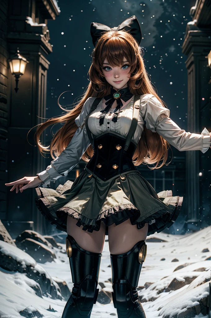 cowboy shot, (dynamic pose), smile, underbust, Penny Polendina, long hair, neck ribbon, suspender skirt, corset, black bow, white blouse, mechanical legs, neon trim, standing, in planetarium, spectators, crowd, BREAK night, stars, moon, snow, BREAK (volumetric lighting), intricate details, tonemapping, sharp focus, hyper detailed