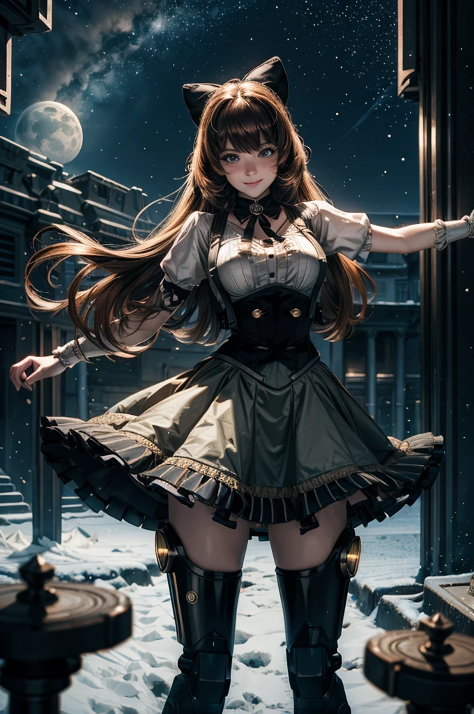 cowboy shot, (dynamic pose), smile, underbust, Penny Polendina, long hair, neck ribbon, suspender skirt, corset, black bow, white blouse, mechanical legs, neon trim, standing, in planetarium, spectators, crowd, BREAK night, stars, moon, snow, BREAK (volumetric lighting), intricate details, tonemapping, sharp focus, hyper detailed