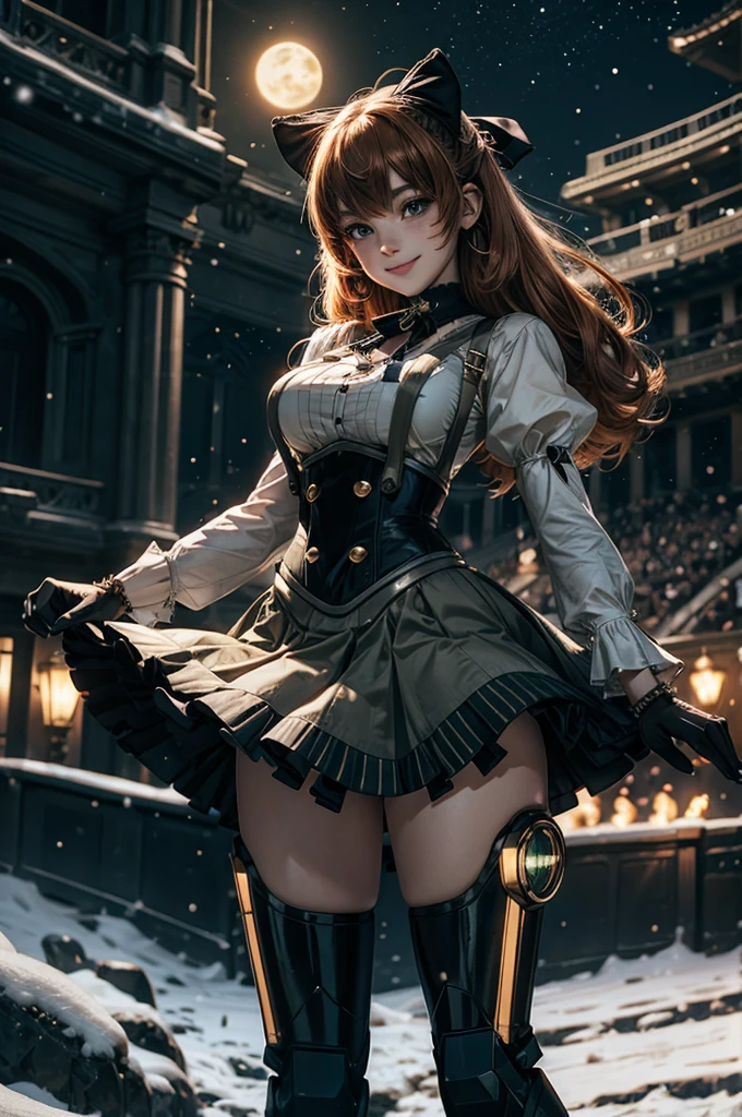 cowboy shot, (dynamic pose), smile,  underbust, Penny Polendina, long hair, neck ribbon, suspender skirt, corset, black bow, white blouse, mechanical legs, neon trim, standing, in planetarium, spectators, crowd, BREAK night, stars, moon, snow, BREAK  (volumetric lighting), intricate details, tonemapping, sharp focus, hyper detailed

