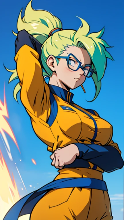 Anime, 1 girl, super saiyan, very large ponytail, cyan hair, blue eyes, round glasses, medium strong body, medium bust, military's uniform, arms closed