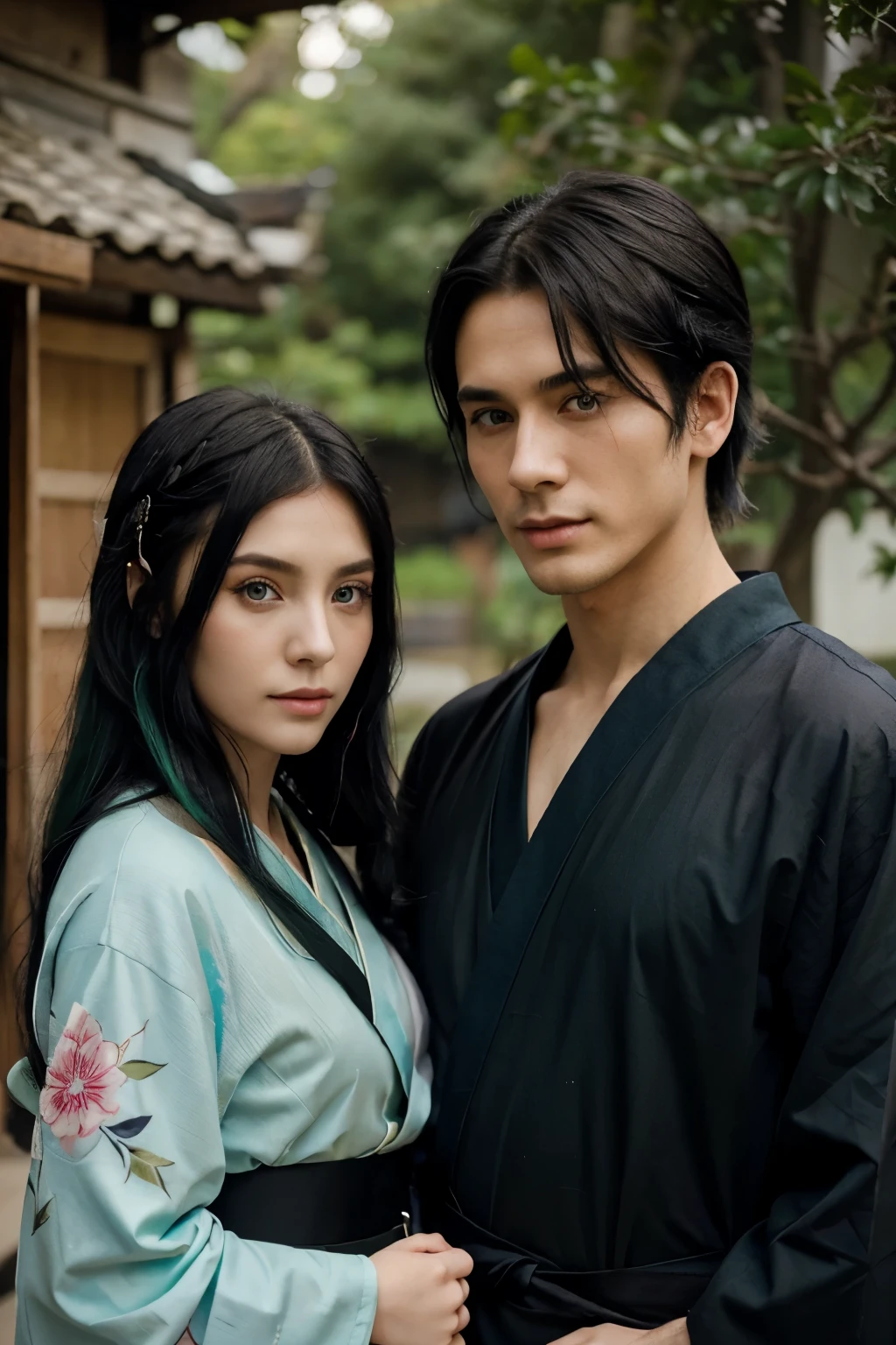Girl with green hair and blue eyes With a kimono with a man Handsome with long black hair The girl is older than the man 