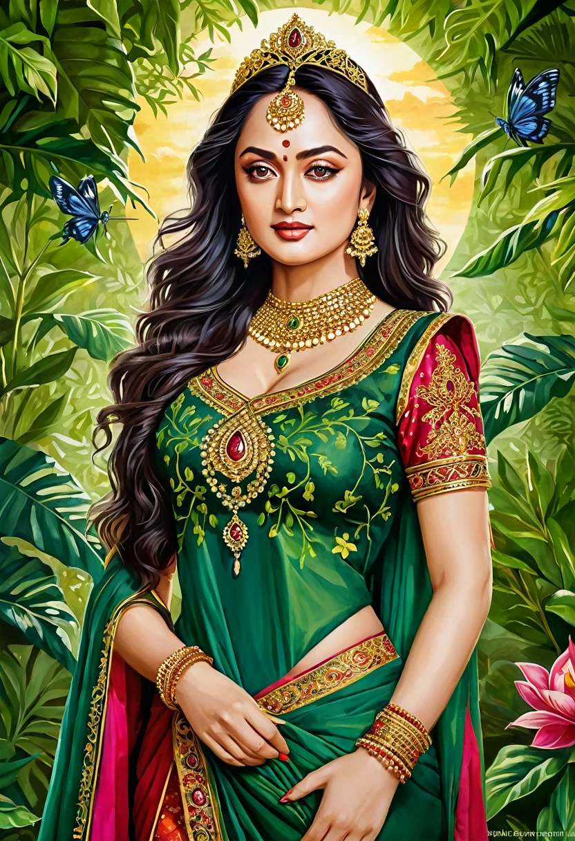 Looks like Sandeepa Dhar, (masterpiece) Exquisitely detailed painting of Lord Dany., Queen of Dannyland, created by Marie Jean Co in 2008. The portrait shows Lord Dany in a regal and majestic pose., wear intricate clothes in rich colors, surrounded by lush greenery and gold accents. His piercing gaze radiates wisdom and leadership., while his facial expression conveys confidence and strength. The background depicts a serene and idyllic landscape., with the setting sun, casting warm and gentle shades on the stage. The overall picture exudes an ethereal and fairy-tale atmosphere., every brush stroke brings the subtleties of the scene to life.