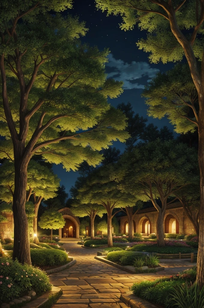 Make the garden of Gethsemane in the time of Jesus, but let it be at night and its characteristic trees be shown, realistic manga style that looks like painting