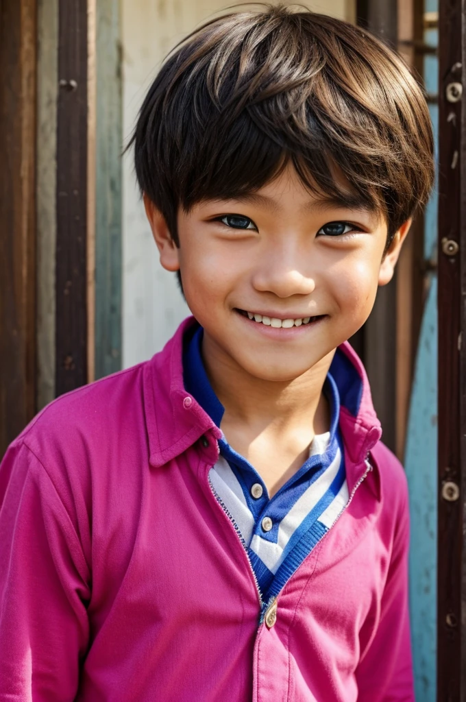 A boy 13age、smile、beautiful、smile、Colorful clothes、Shining eyes、stare、bring the action、Throw,Clit Eyes、