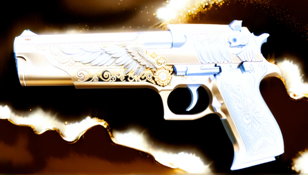 A highly-detailed long wide shot digital illustration of an ornate, (“Desert Eagle pistol”:1.37) with intricate Furry Eagle and scrollwork engravings Notched, gold golden accents, delicate artistic patterns, and a neutral textured background. ((more detail, enhanced_themed-gun)).
