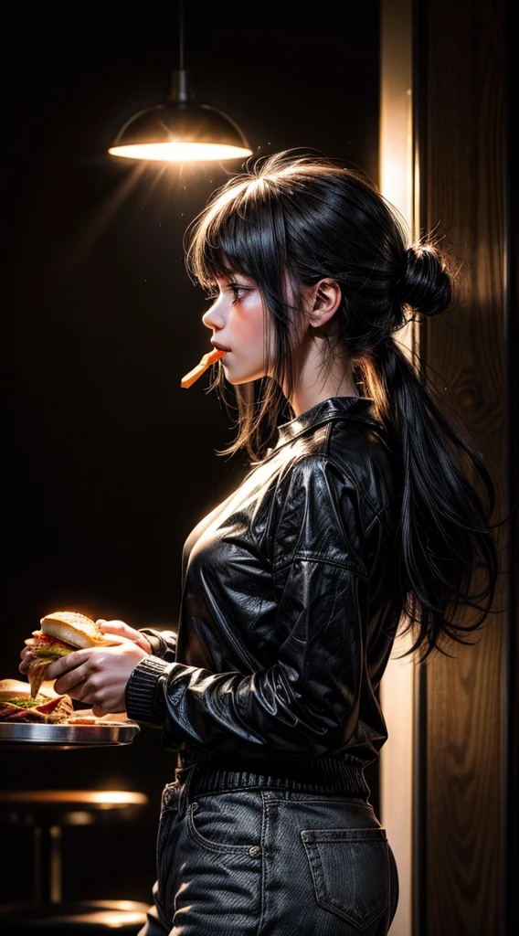 I need a photo of a girl eating a hamburger, Spotlight,  with backlight lighting (so the girl has to be in profile clearly)  black hair and black bangs