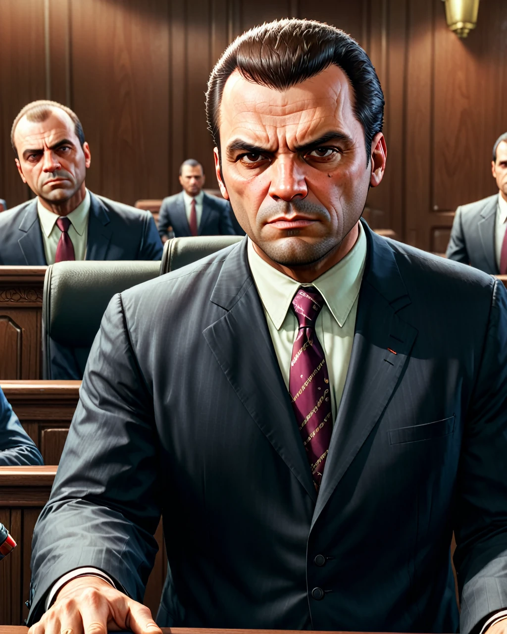Grand Theft Auto, detailed photograph, 8K, ultra HD, dslr, awarded photo, several, uma judgea de direito de frente, lawyer, judge