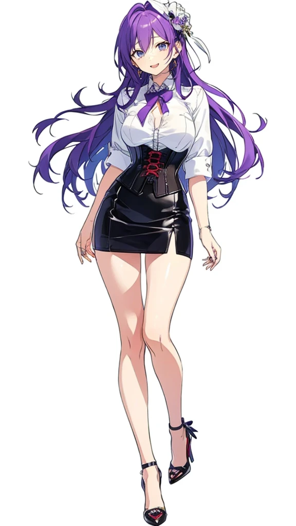 Purple hair,long hair,Adult female,((Rolling up your sleeves shirt)),Open chest,(Corset),(Tight skirt),(high heels),((Simple White background)),Smile,((Full body)),((whole body)),Character Sheet,