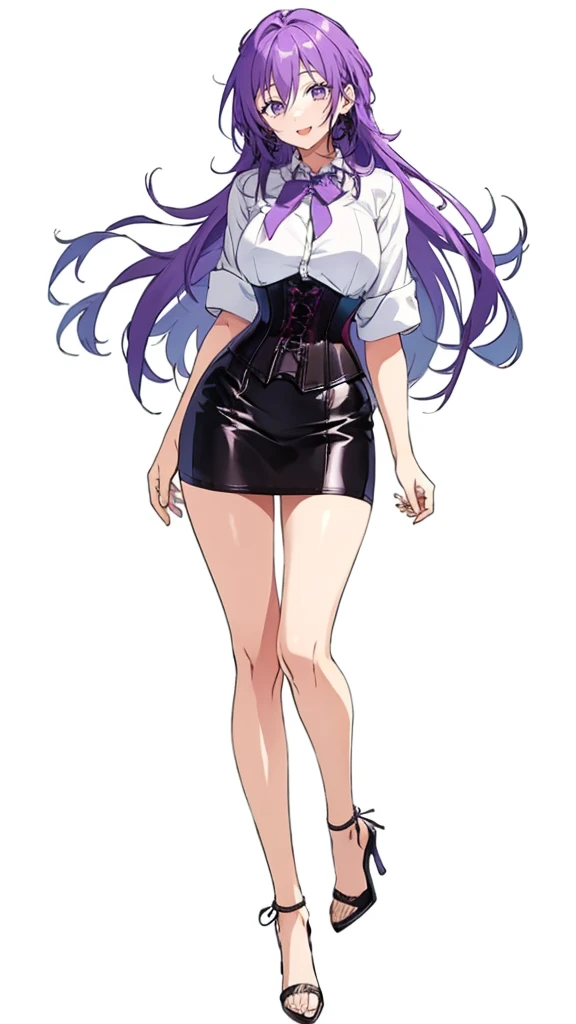 Purple hair,long hair,Adult female,((Rolling up your sleeves shirt)),Open chest,(Corset),(Tight skirt),(high heels),((Simple White background)),Smile,((Full body)),((whole body)),Character Sheet,