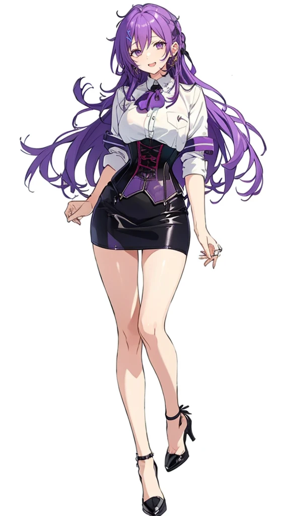 Purple hair,long hair,Adult female,((Rolling up your sleeves shirt)),Open chest,(Corset),(Tight skirt),(high heels),((Simple White background)),Smile,((Full body)),((whole body)),Character Sheet,