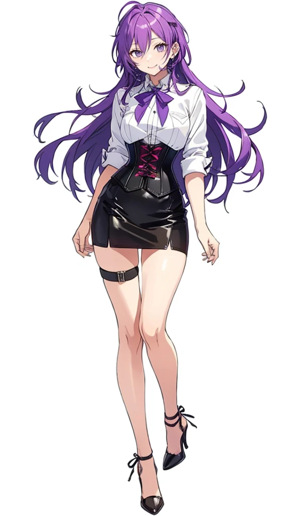 Purple hair,long hair,Adult female,((Rolling up your sleeves shirt)),Open chest,(Corset),(Tight skirt),(high heels),((Simple White background)),Smile,((Full body)),((whole body)),Character Sheet,