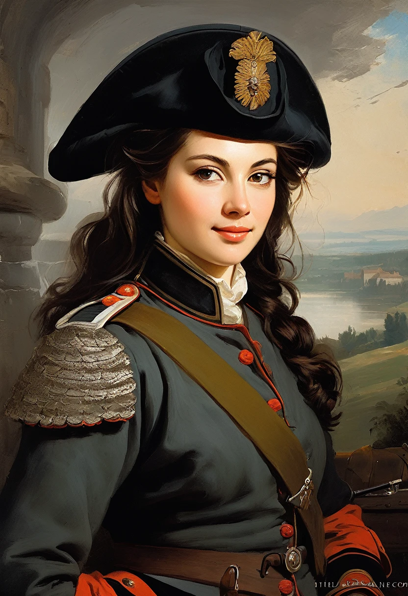 charming young pretty female warrior, brunette, smiling slightly mysteriously over her shoulder, averting her eyes, in a military artillery uniform, 18th century, cannon, redoubt, cannonballs, military battle (Francesco Ayets style!)), dark Renaissance, (fog, very shabby gradient), ((palette/oil painting palette knife)), ((masterpiece)), single shot, image quality:1.2, maximum detail, perspective:1.67, 8k
