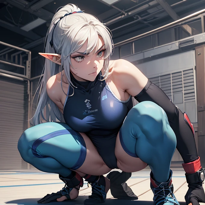 (absurdres, best high quality image, carefuly detailed features and textures, very detailed image, solo character alone, back character view): {{Elf queen 1.000 years old mature adult milf} (beautiful face, short pointy elf ears sexy feminine and sexy features, beautiful silver eyes, voluptuous body, big breasts, huge butt, beautiful legs, dark blue long straight hair tied in a ponytail, black blue eyebrows), (blue one-piece wrestling leotard strapless, black elbow pads, black knee pads, blue long arm sleeves, blue long wrestler boots, blue wristbands, cleavage), (serious face, analytical demeanor, full of wisdom and seriousness, defensive wrestler pose), (training female wrestling on the forest at the afternoon)}}