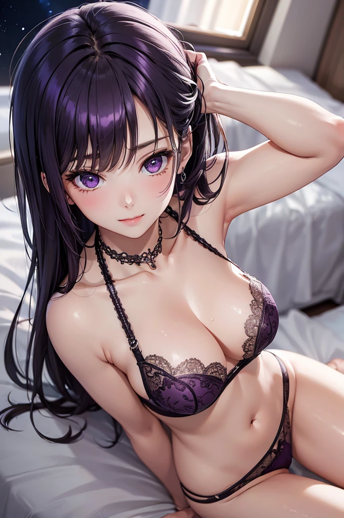 (Best Quality,High resolution,8K,finelity detailed background,Masterpiece:1.2),beautiful girl,Shiny purple hair,messy hair,Purple Eyes,Gentle look,A refreshing look,Best quality,Best Quality,Aesthetic and aesthetic:1.2,Best details((Super detailed))(High-definition CG illustrations),White underwear (black,intricate lace),Slender body,Late Night,Moonlit Night,Bedroom,On the bed,smile,blush,cute,Scrounge,Looking up,Being spoiled,super model,wariza,shoot from above