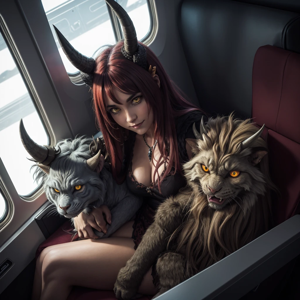 Horned shaggy demon, Creature, sitting next to a , hugs her, on the plane by the window, A high resolution, detailing 