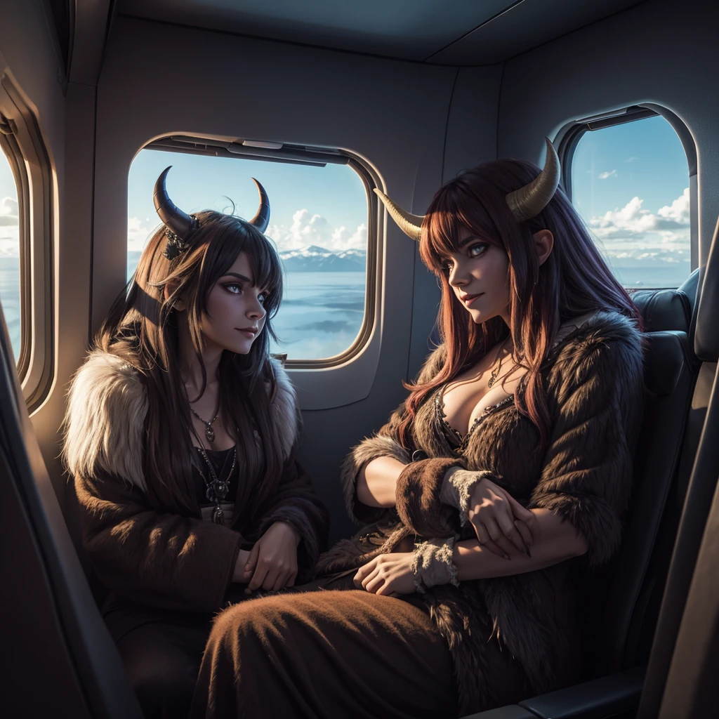 Horned shaggy demon, Creature, sitting next to a , hugs her, on the plane by the window, A high resolution, detailing 