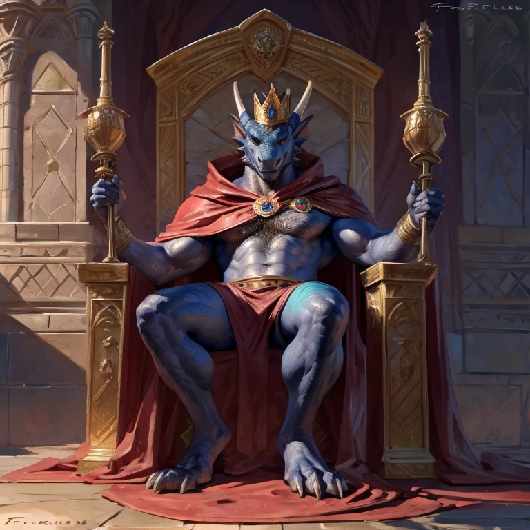 By Taran Fiddler, solo, dragon, male, chest hair, throne, king, crown, regal, cape, ((upper body))