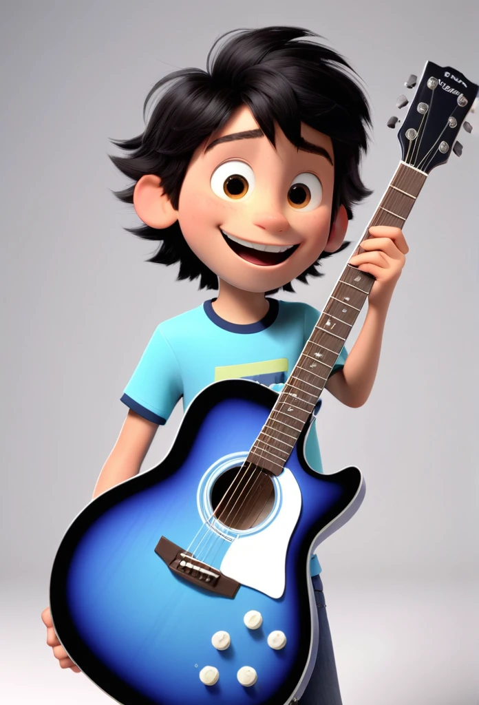 A young 14 year old boy, black, straight hair, and happy with a guitar by his side as standard, 3D Pixar style, (high quality, 4k, 8k, high resolution, high resolution: 1.2), ultradetail, (realistic, photorealistic, photorealistic: 1.37), portraits, bright cores, studio lighting