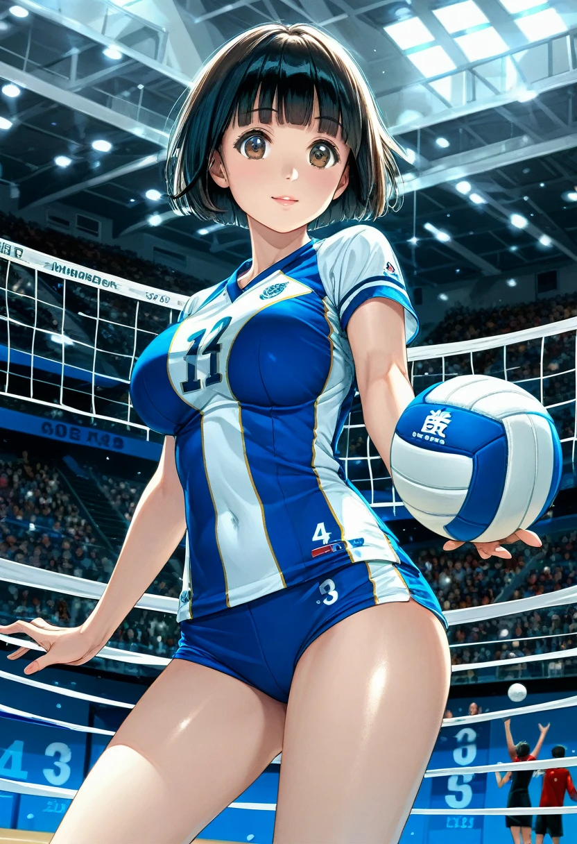 score_9,score_8_up,score_7_up,masterpiece,best quality, source anime, realistic, super detailed, extreme detailed, rating_safe,
1girl, solo, 22yo, short hair, bob cut, (blunt bangs), black hair, (tareme, detailed cute brown eyes), curled eyelashes, (large breasts:0.9),
shiny hair, beautiful detailed eyes, beautiful face,
Playing Volleyball, Volleyball uniforms, cowboy shot,
Gymnasium, Volleyball Courts, Olympics, Japan National Team, audience,