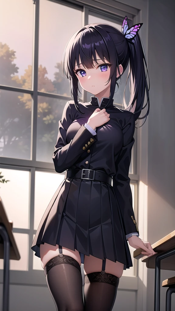 kanaotsuyuri, kanao tsuyuri, black hair, butterfly, butterfly hair ornament, (purple eyes:1.1), side ponytail, ponytail, 
BREAK black skirt, cape, demon slayer uniform, long sleeves, pleated skirt, skirt, white cape,
BREAK looking at viewer,
BREAK indoors, classroom,school,lights,
BREAK (masterpiece:1.2), best quality, high resolution, unity 8k wallpaper, (illustration:0.8), (beautiful detailed eyes:1.6), extremely detailed face, perfect lighting, extremely detailed CG, (perfect hands, perfect anatomy),pantyhoes, full body shot, from below, showing panties,lace panties,