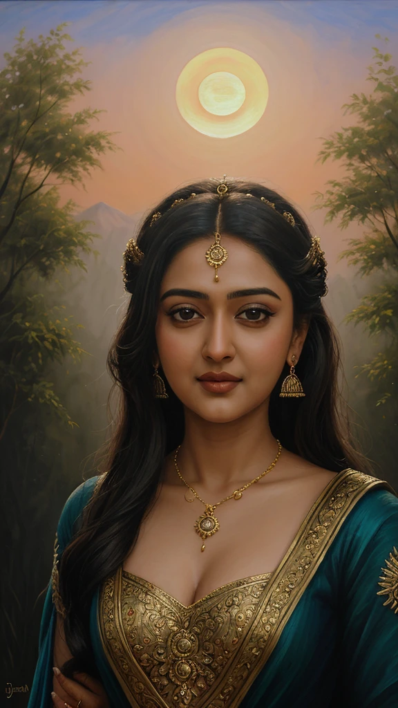 Looks like Anushka Shetty, (masterpiece) Exquisitely detailed painting of Lord Dany., Queen of Dannyland, created by Marie Jean Co in 2008. The portrait shows Lord Dany in a regal and majestic pose., wear intricate clothes in rich colors, surrounded by lush greenery and gold accents. His piercing gaze radiates wisdom and leadership., while his facial expression conveys confidence and strength. The background depicts a serene and idyllic landscape., with the setting sun, casting warm and gentle shades on the stage. The overall picture exudes an ethereal and fairy-tale atmosphere., every brush stroke brings the subtleties of the scene to life.