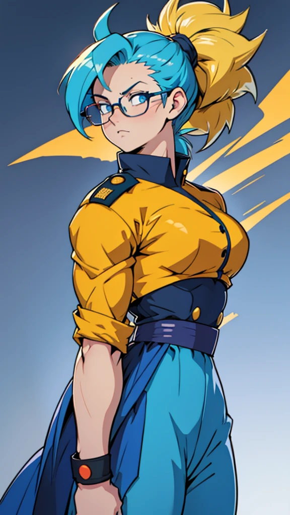 Anime, 1 girl, super saiyan, very large ponytail, cyan hair, blue eyes, round glasses, medium strong body, medium bust, military's uniform, arms closed