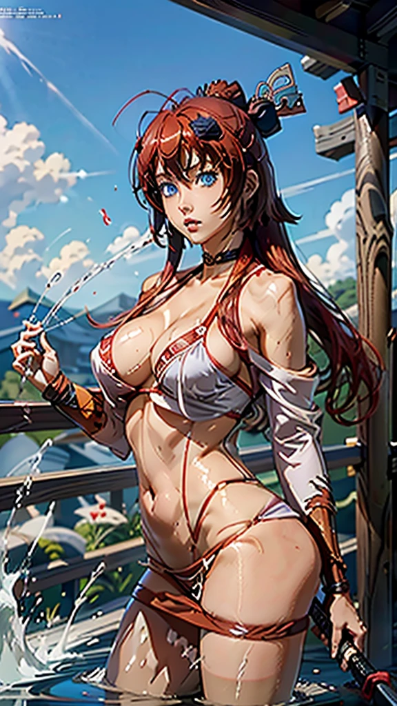 anime(Hyakka Ryouran: Samurai Girls), female age , sexy (very big tits), actress (Juubei Yagyuu), blue eyes , red hair that is to chest length , twin ahoge, hair tube , dress (bikini), She was soaking in hot water in the shower.