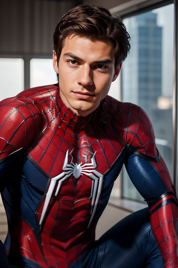 A photograph of spider man, no mask, 20 yo, handsome, detailed face, looking at camera, portrait, 8k uhd, high quality