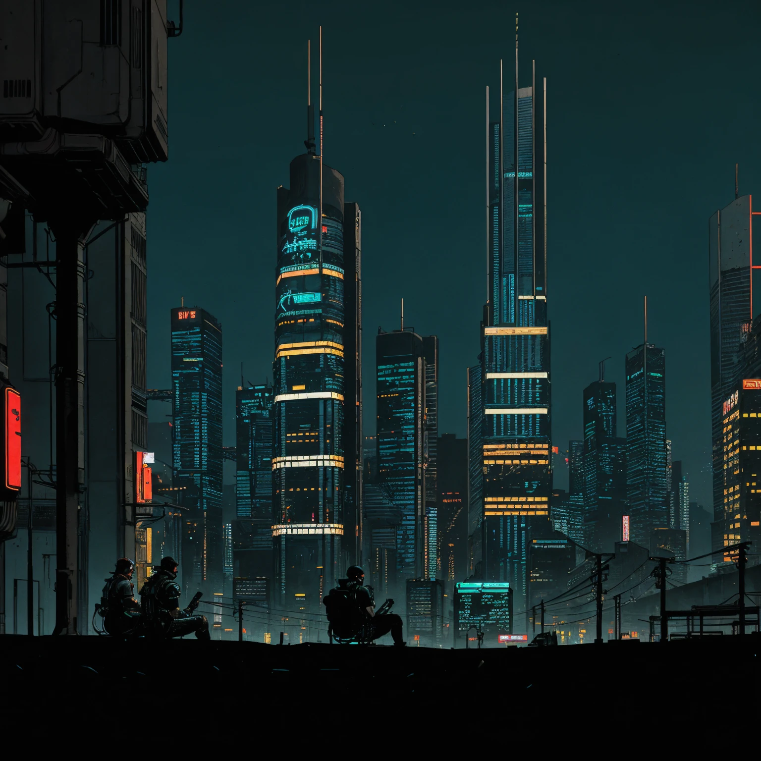 (masterpiece), (cyberpunk park), (street),  (cyberpunk city neon lights), (blue tint), (skyscrapers), (realistic illustration), (cinematic), (night), (city skylines), (back silhouette sitting) 
