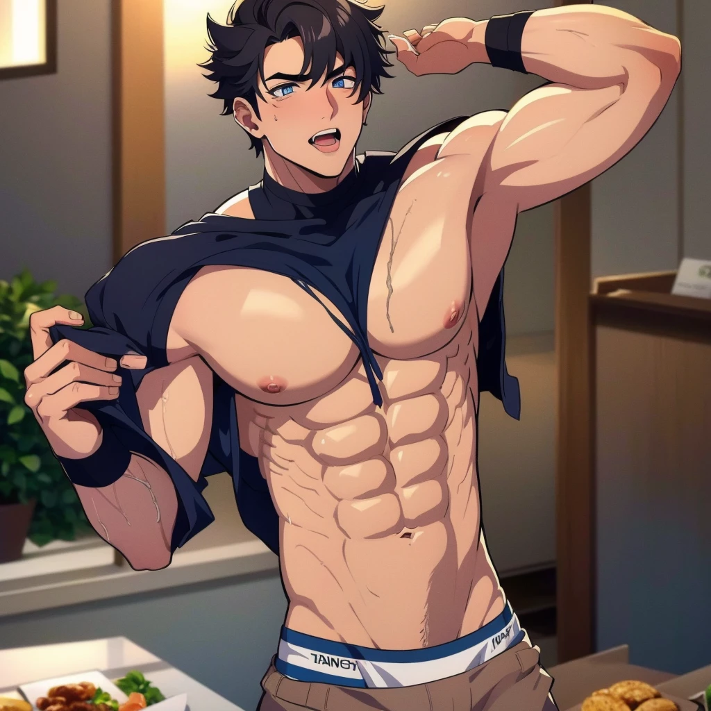 bara, male focus, muscular male, 1boy, , pectorals, muscular, solo, bulge, abs, large pectorals, scar, underwear, navel, black hair, white male underwear, short hair, male underwear, topless male, scar on arm, erection under clothes, scar on chest, pants, bound wrists, blue eyes, male pubic hair, erection, full calidad, 4k, full HD, alta definición, calidad de cine