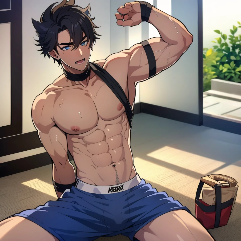 bara, male focus, muscular male, 1boy, , pectorals, muscular, solo, bulge, abs, large pectorals, scar, underwear, navel, black hair, white male underwear, short hair, male underwear, topless male, scar on arm, erection under clothes, scar on chest, pants, bound wrists, blue eyes, male pubic hair, erection, full calidad, 4k, full HD, alta definición, calidad de cine