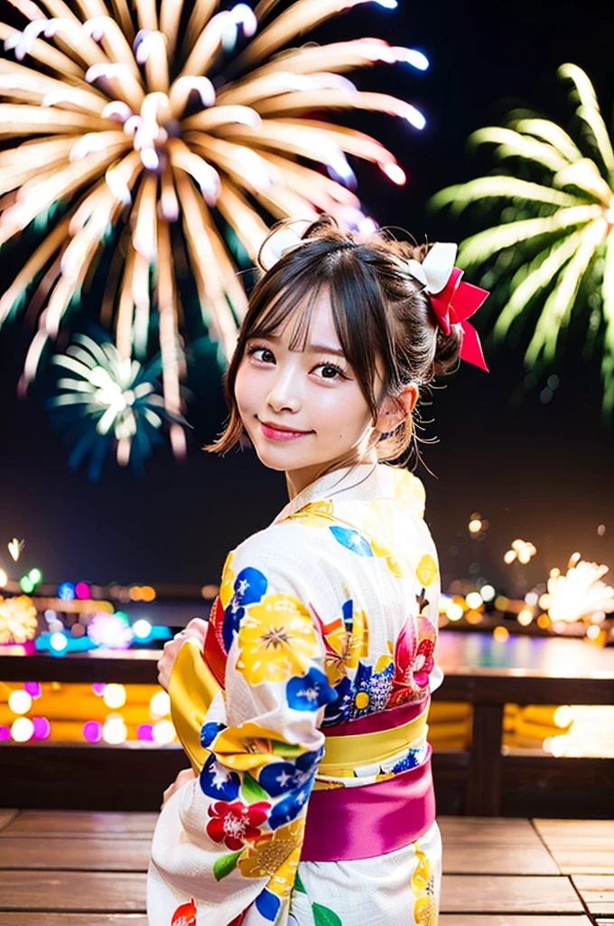 ((Highest quality, 8K, masterpiece: 1.3)),RAW Photos,Realistic atmosphere,Lens flare, Ray Tracing,(Detailed beautiful white skin:1.3),Beautiful Japanese, High-resolution face,Bun Hair,Red and gold hair ornament,(Watching the fireworks wearing a floral yukata:1.2),Huge fireworks,(White yukata with sleeves:1.2),((Ribbon-type obi:1.3)),((Looking back with an innocent smile:1.3)),Blurred grand fireworks,(Many colorful fireworks:1.2)Star Mine,Fireworks across the sky,Large fireworks,Huge fireworks