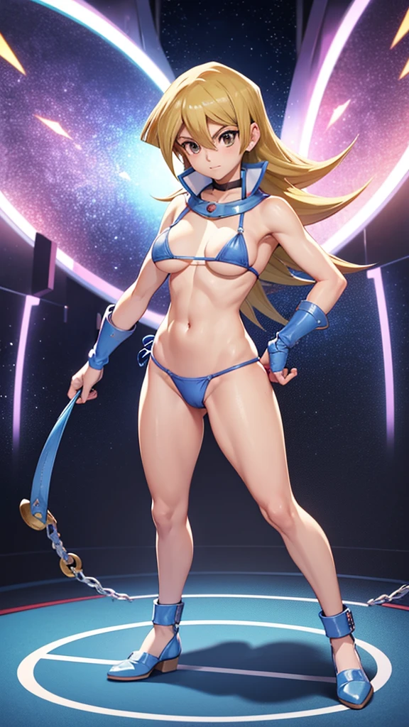 Alexis Rhodes (Yugioh GX), blonde hair, long hair,  brown eyes, medium breasts, fingerless gloves, blue bikini top with white straps, white bikini bottom with blue straps, standing in wrestling ring 