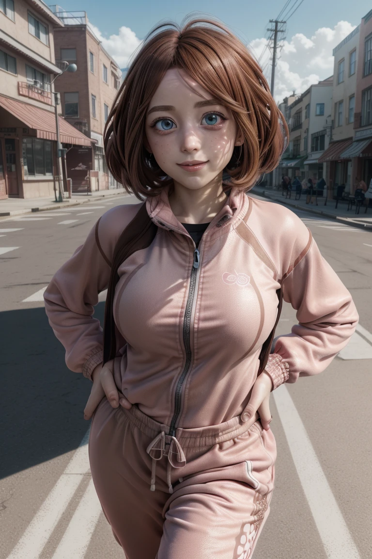 ochakouraraka, Ochako Uraraka, (Uraraka Ochako:1.5), (eyes browns:1.5), For the chestnut, shorth hair, blush,
break (jogging suit:1.5), stretched skin, Super heroi,
break outdoors, citys,
break looking at viewer, cowboy shot,pose, hand on hip,seducing smile,
break NSFW,(Masterpiece artwork:1.2), best qualityer, high resolution, unity wallpaper 8k, (illustration:0.8), (beautiful detailed eyes:1.6), extreme detailed face, perfect lighting, extremely detailed CG, (perfect hands, Perfect Anatomia),