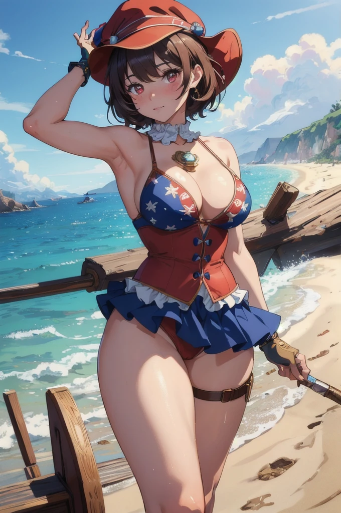 (masterpiece:1.2), (best quality), (ultra detailed), (8k, 4k, intricate),(half body:1.2),(cowboy:1.2),(highly detailed:1.2), (detailed background),(portrait),detailed landscape,(dynamic pose:1.2),pomni, 1girl, solo, looking at viewer, short hair, brown hair, red eyes, gloves red and blue, hat, thighs, symbol-shaped pupils,bikini, blush stickers, thick thighs, jester cap, clown,beach background