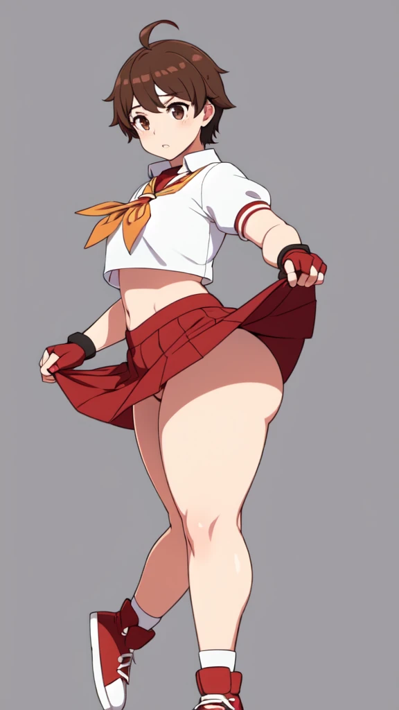 masterpiece, Highest quality,  High resolution,  1girl, 独奏, Sakura MS,  kasugano sakura, , shiny, oily skin, Brown eyes, Brown Hair, short hair, bangs, Ahoge, head band, , Puffeeves, Crop top, neckerchief, midriff, (((mini skirt, ultra short skirt))), ultra short skirt, Fingerless gloves, Thighs Thighs Thighs, (thick thighs, voluptuous thighs, ample thighs), 
(((red brown))), White socks, Red footwear, Very detailed, More detailed,Proper body balance,Ultra-high quality output images,High resolution,Intricate details,Very delicate and beautiful hair, simple background, Embarrassed look, discovery stance, Bare legs, full body, (from side:0.7), nsfw,