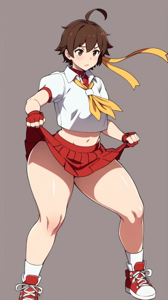 masterpiece, Highest quality,  High resolution,  1girl, 独奏, Sakura MS,  kasugano sakura, milf, shiny, oily skin, Brown eyes, Brown Hair, short hair, bangs, Ahoge, head band, , Puffy sleeves, Crop top, neckerchief, midriff, (((mini skirt, ultra short skirt))), ultra short skirt, Fingerless gloves, Thighs Thighs Thighs, (thick thighs, voluptuous thighs, ample thighs), 
(((red brown))), White socks, Red footwear, Very detailed, More detailed,Proper body balance,Ultra-high quality output images,High resolution,Intricate details,Very delicate and beautiful hair, simple background, Embarrassed look, discovery stance, ???? legs, full body, (from side:0.7), ????,