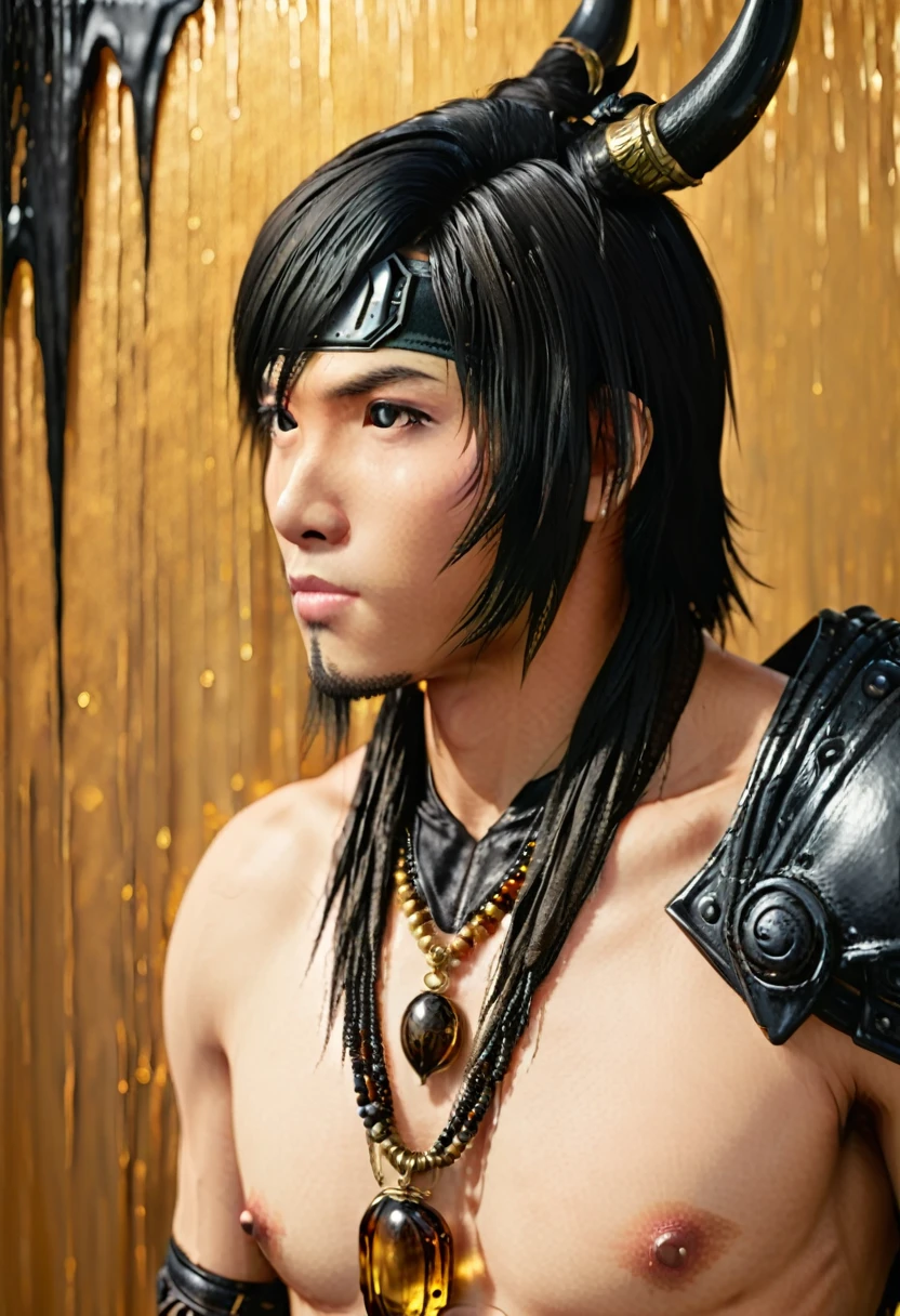 Half man half asian black bull, tribal, Frozen Empire, caramel white dripping dripping gold jewelry, realistic black and amber backdrop