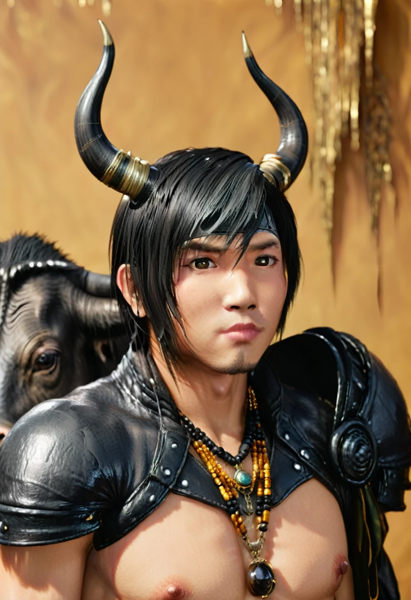 Half man half asian black bull, tribal, Frozen Empire, caramel white dripping dripping gold jewelry, realistic black and amber backdrop