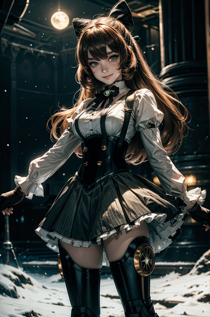 cowboy shot, (dynamic pose), smile, underbust, Penny Polendina, long hair, neck ribbon, suspender skirt, corset, black bow, white blouse, mechanical legs, neon trim, standing, in planetarium, spectators, crowd, BREAK night, stars, moon, snow, BREAK (volumetric lighting), intricate details, tonemapping, sharp focus, hyper detailed