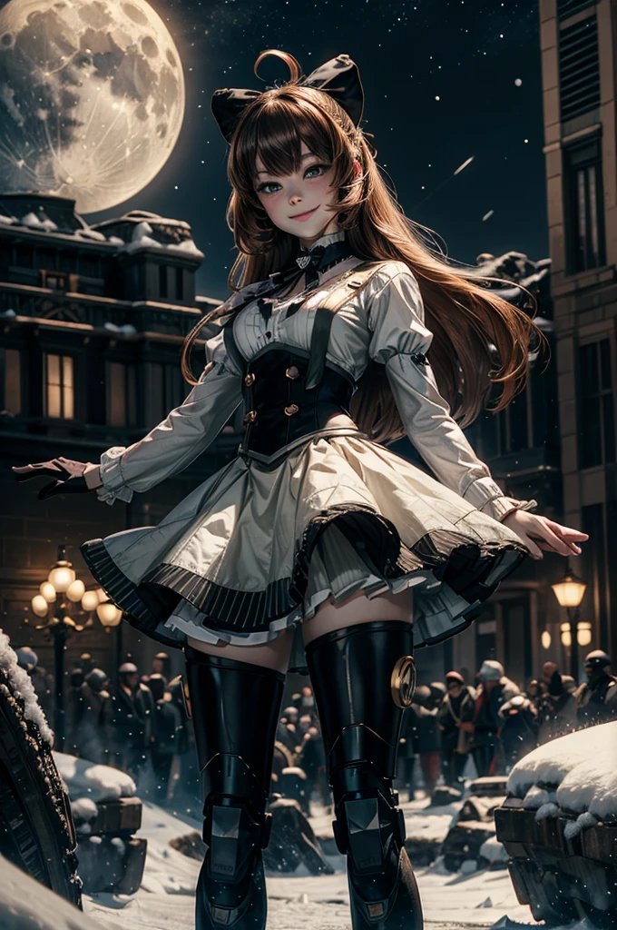 cowboy shot, (dynamic pose), smile, underbust, Penny Polendina, long hair, neck ribbon, suspender skirt, corset, black bow, white blouse, mechanical legs, neon trim, standing, in planetarium, spectators, crowd, BREAK night, stars, moon, snow, BREAK (volumetric lighting), intricate details, tonemapping, sharp focus, hyper detailed