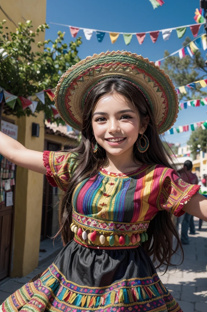 A vibrant photograph of a smiling Mexican person. The person has typical Mexican characteristics, such as dark hair and brown eyes, olive skin and colorful traditional costumes. The background of the image shows a festive scene with typical Mexican decorations and flags, reflecting Mexican joy and culture. The person's expression is one of pure happiness and enthusiasm.