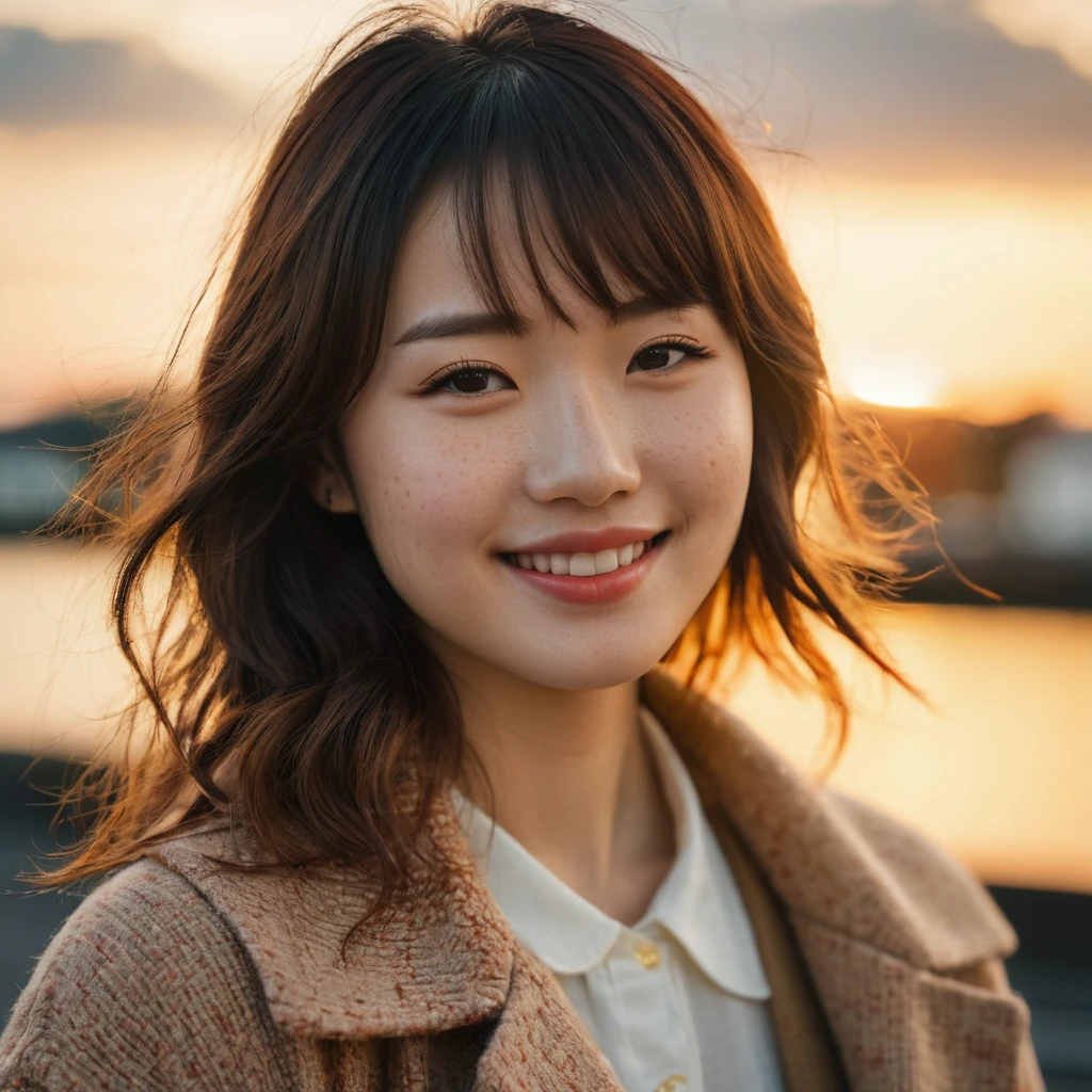 closed lips, cute smile, cinematic photo (art by Mathias Goeritz:0.9) , photograph, from side, most beautiful British-Japanese girl, Random expression,The setting sun, cloud, tilt shift, H, specular lighting, film grain, Samsung Galaxy, F/5, (cinematic still:1.2), freckles . 35mm photograph, film, bokeh, professional, 4k, highly detailed ,1 girl,midjourney,yuzu, perfect, fingers, ,Extremely Realistic