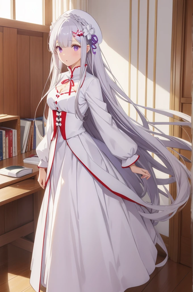 çˆ±èœœèŽ‰é›,1 girl,emilia (Re:zero),pointy ears,gRey hair,white hair,very long hair,blunt bangs,purple eyes,Crown braid,Side curls,X Hair accessories,hair flower,Lila Band,very long hair,
indoors,Stand,
white plush hat,The book pinks,white collar,项链,white dRess,long sleeve,Red handbag,white cape,Fur cut,white spheReï¼, Exquisite Graphics, High Resolution,​masterpiece,best quality,Exquisite Graphics,High Resolution,​masterpiece,best quality,18 year old,young woman,Beautiful fingers,Beautiful long legs,beautiful body,Beautiful character design,