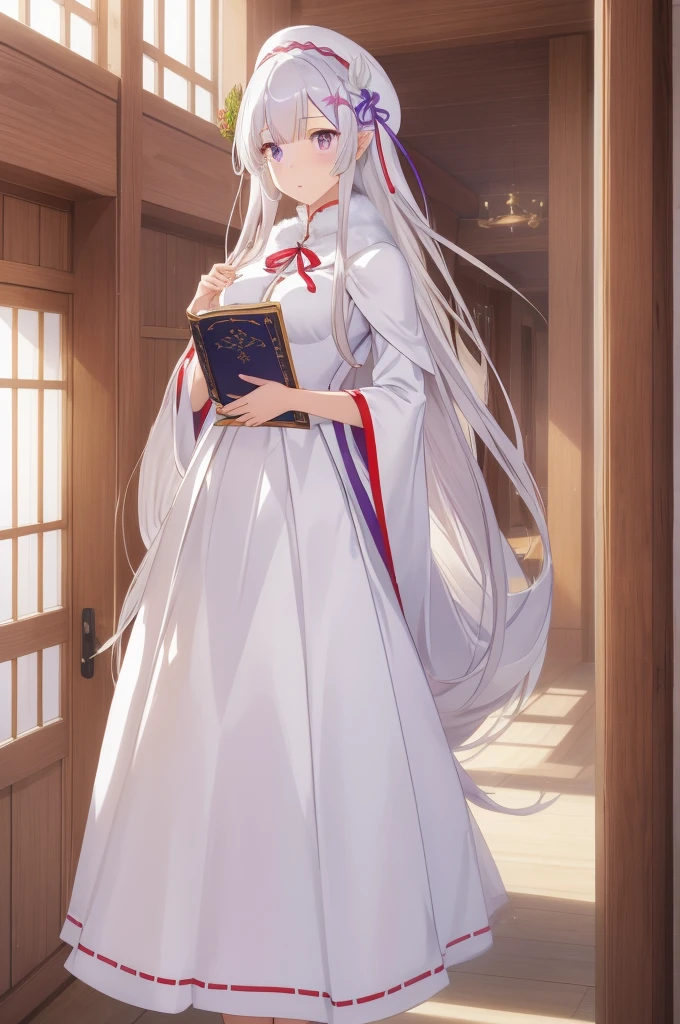 çˆ±èœœèŽ‰é›,1 girl,emilia (Re:zero),pointy ears,gRey hair,white hair,very long hair,blunt bangs,purple eyes,Crown braid,Side curls,X Hair accessories,hair flower,Lila Band,very long hair,
indoors,Stand,
white plush hat,The book pinks,white collar,项链,white dRess,long sleeve,Red handbag,white cape,Fur cut,white spheReï¼, Exquisite Graphics, High Resolution,​masterpiece,best quality,Exquisite Graphics,High Resolution,​masterpiece,best quality,18 year old,young woman,Beautiful fingers,Beautiful long legs,beautiful body,Beautiful character design,