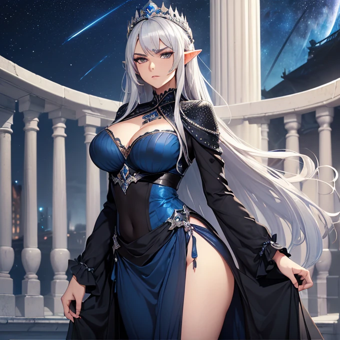 (absurdres, best high quality image, carefuly detailed features and textures, very detailed image, solo character alone, full character view): {{Elf queen 1.000 years old mature adult milf} (beautiful face, sexy feminine and sexy features, beautiful silver eyes, voluptuous body, big breasts, beautiful legs, dark black long straight hair, dark black eyebrows), (blue long royal dress, silver crown, blue long royal sleeves middle finger sleeves, cleavage), (serious face, analytical demeanor, full of wisdom and seriousness), (standing at the royal elvish black balcony, under the night sky full of bright night stars)}}