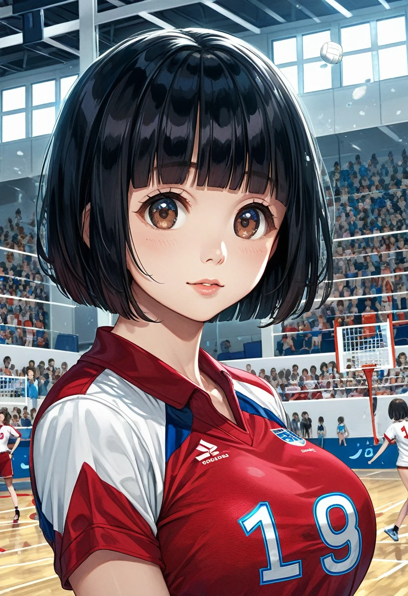 score_9,score_8_up,score_7_up,masterpiece,best quality, source anime, realistic, super detailed, extreme detailed, rating_safe,
1girl, solo, 22yo, short hair, bob cut, (blunt bangs), black hair, (tareme, detailed cute brown eyes), curled eyelashes, (large breasts:0.9), 
shiny hair, beautiful detailed eyes, beautiful face,
Playing Volleyball, Volleyball uniforms, cowboy shot,
Gymnasium, Volleyball Courts, Olympics, Japan National Team, audience,