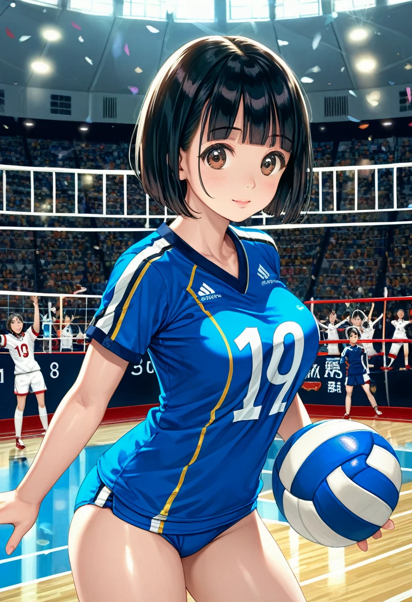 score_9,score_8_up,score_7_up,masterpiece,best quality, source anime, realistic, super detailed, extreme detailed, rating_safe,
1girl, solo, 22yo, short hair, bob cut, (blunt bangs), black hair, (tareme, detailed cute brown eyes), curled eyelashes, (large :0.9),
shiny hair, beautiful detailed eyes, beautiful face,
Playing Volleyball, Volleyball uniforms, cowboy shot,
Gymnasium, Volleyball Courts, Olympics, Japan National Team, audience,